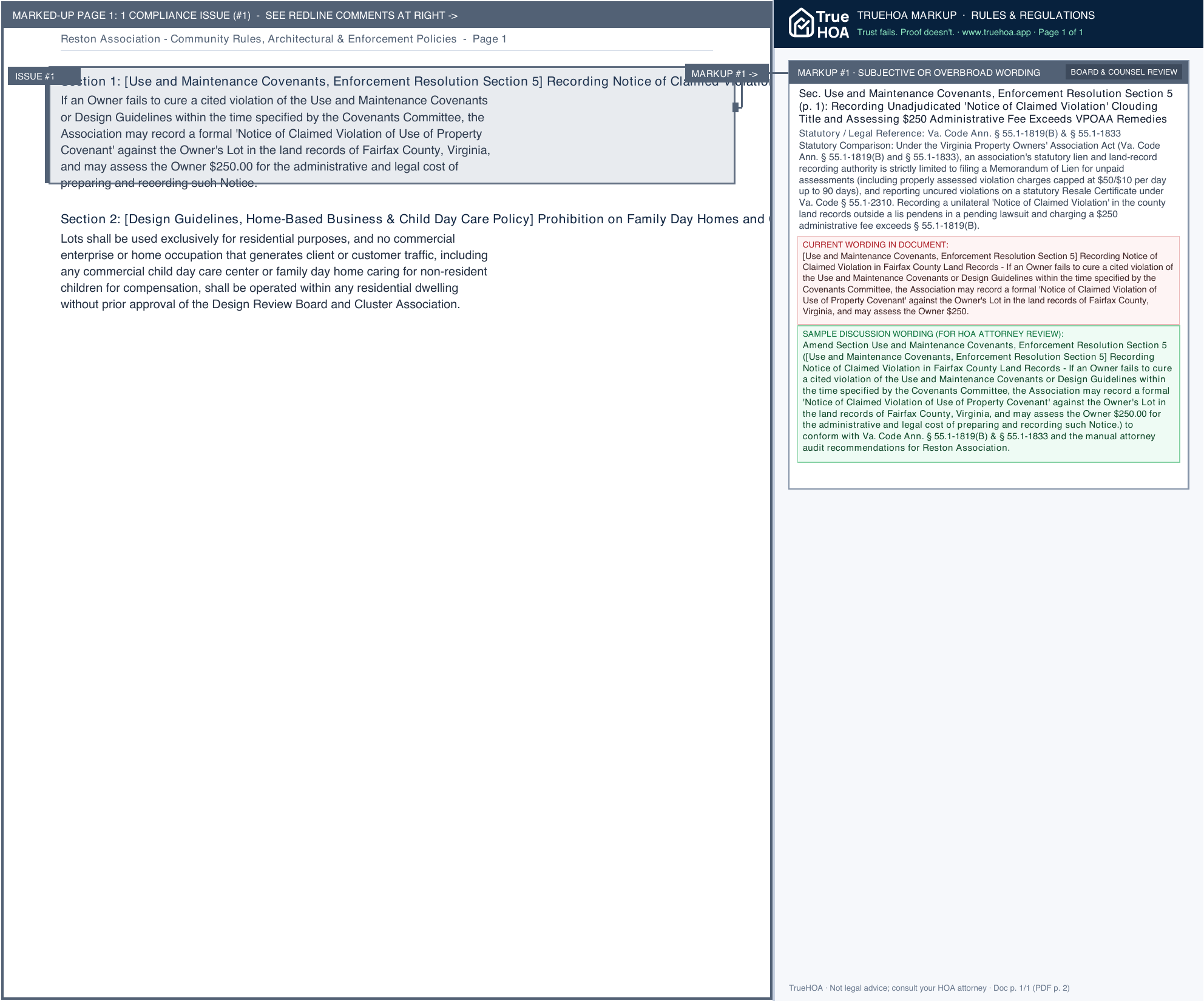 Reston Association Community Rules, Architectural & Enforcement Policies page 1 widened with TrueHOA Crystal AI margin annotations
