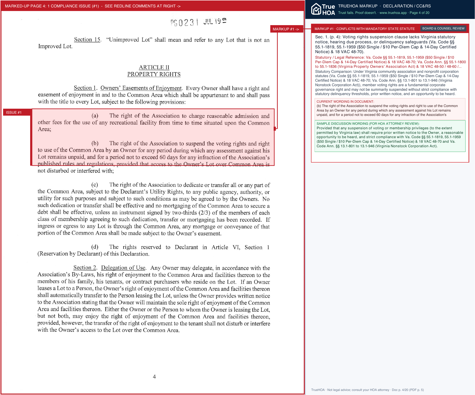 Westlake Heights HOA Declaration of Covenants page 4 widened with TrueHOA Crystal AI margin annotations