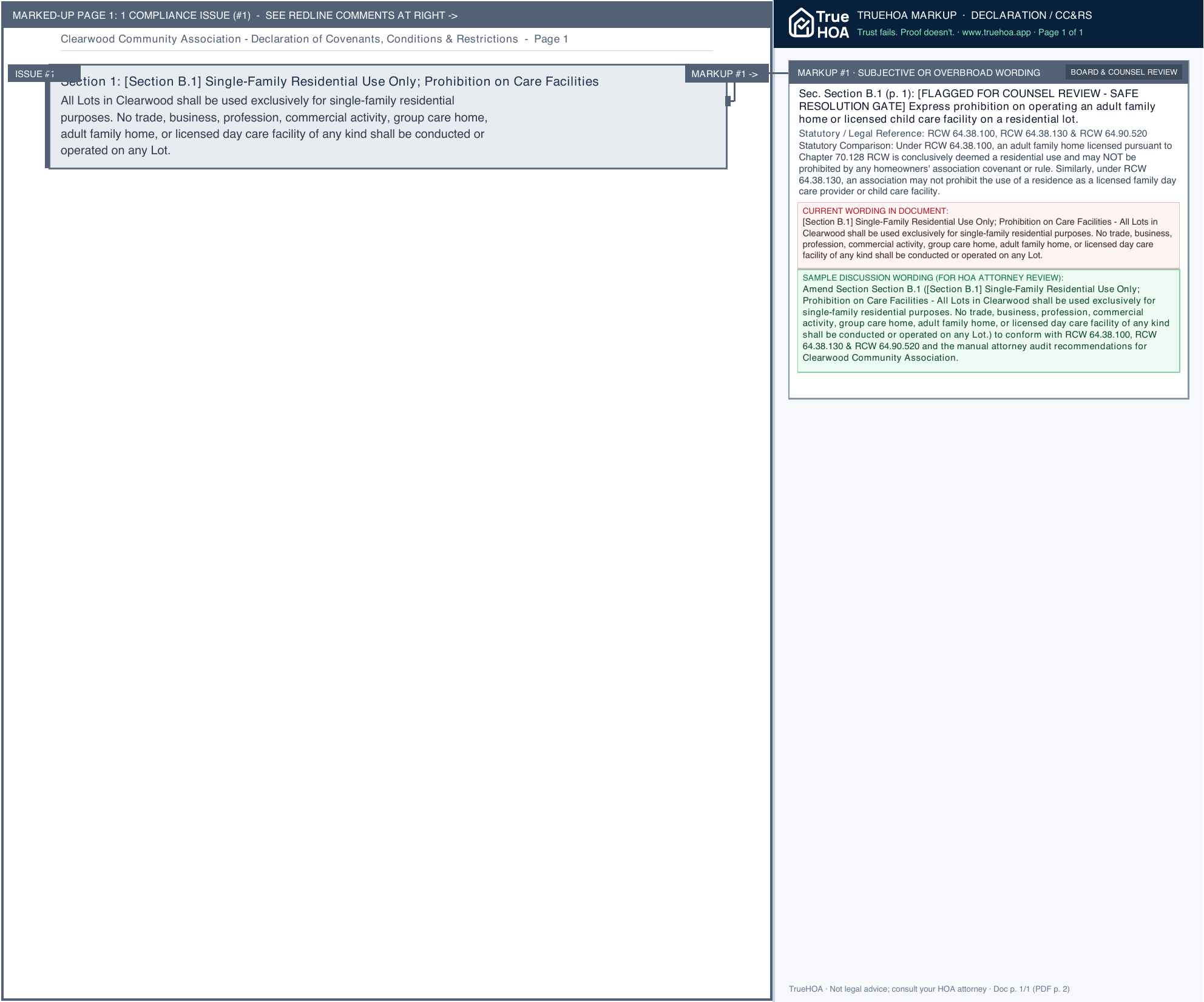 Clearwood Community Association Declaration of Covenants, Conditions & Restrictions page 1 widened with TrueHOA Crystal AI margin annotations