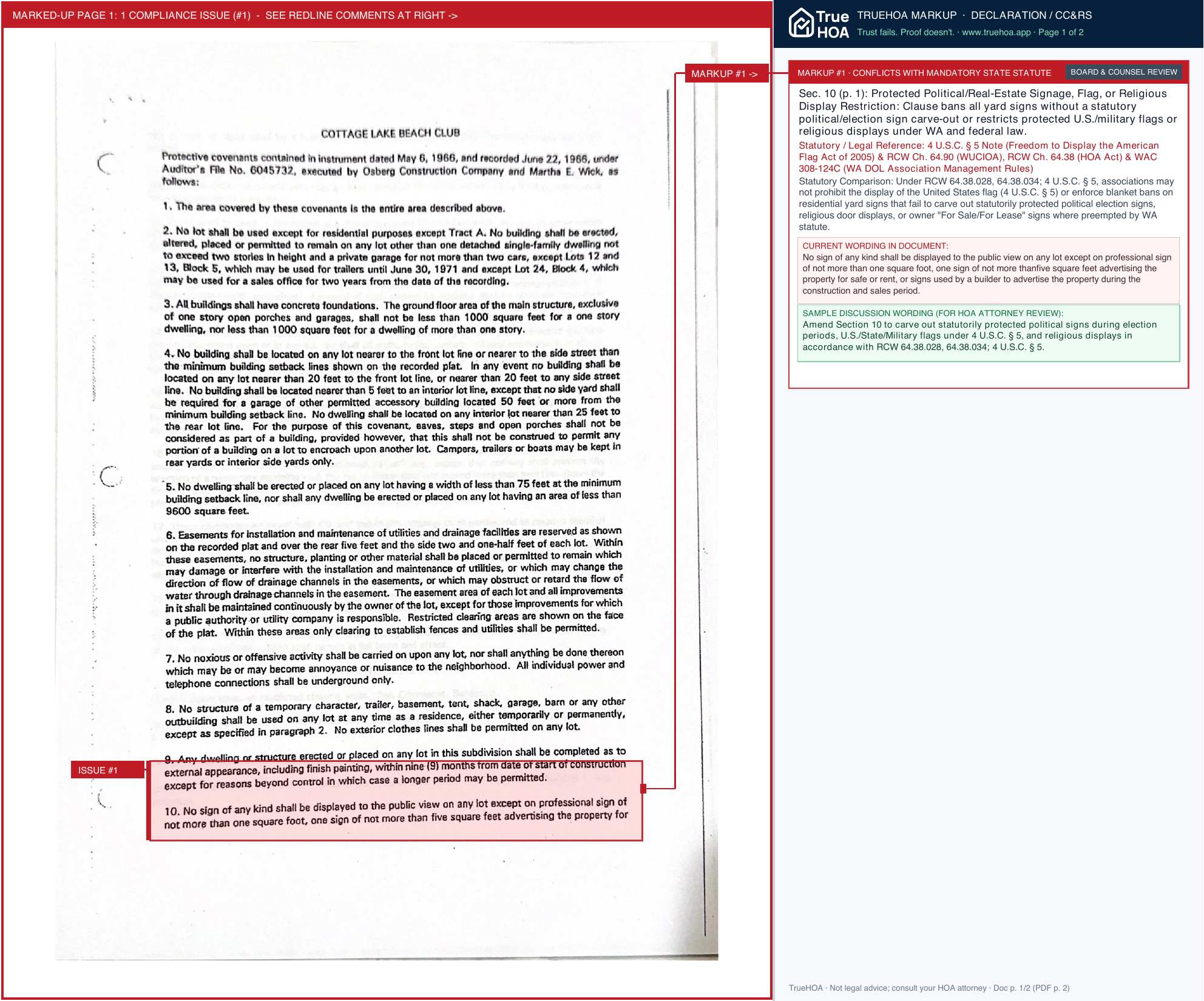 Cottage Lake Beach Club CLBC Protective Covenants page 1 widened with TrueHOA Crystal AI margin annotations