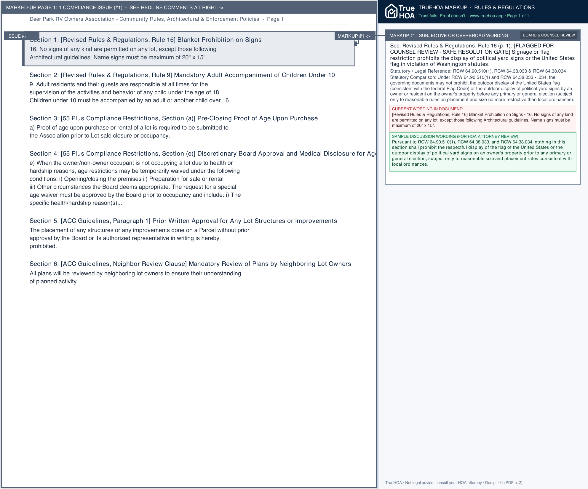 Deer Park RV Owners Association Community Rules, Architectural & Enforcement Policies page 1 widened with TrueHOA Crystal AI margin annotations