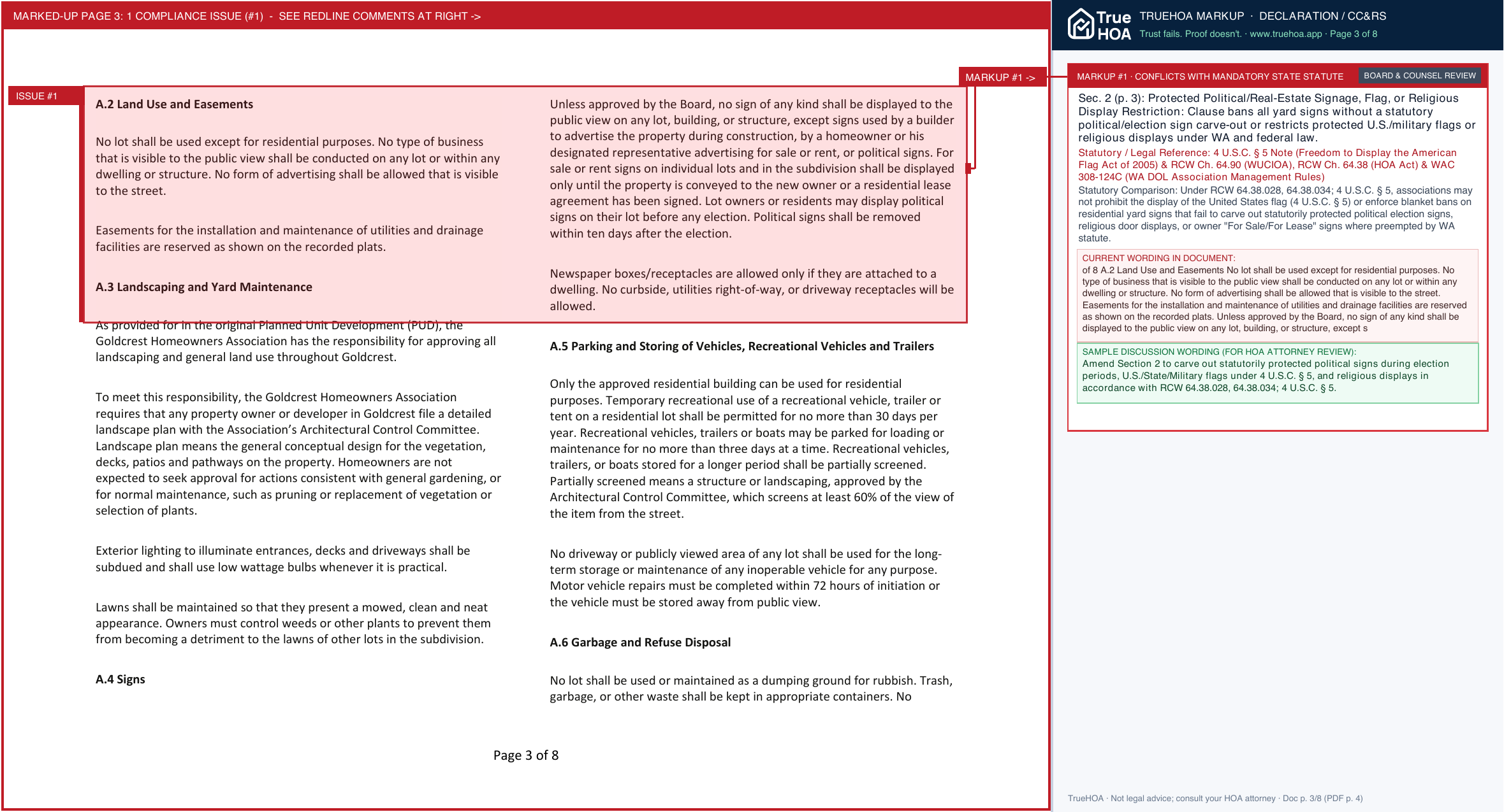 Goldcrest HOA Declaration of Covenants, Conditions & Restrictions page 3 widened with TrueHOA Crystal AI margin annotations