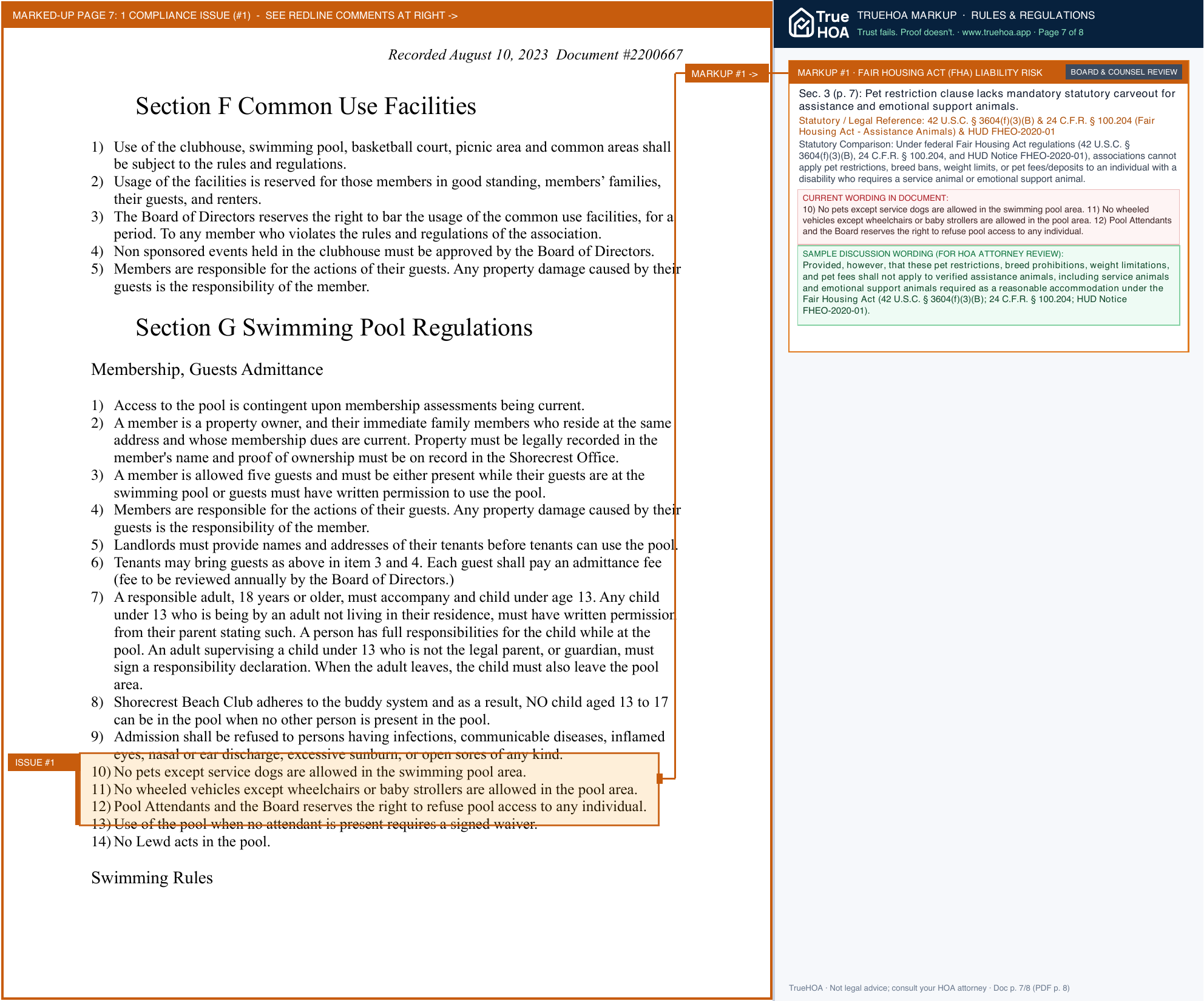 Shorecrest Beach Club Rules and Regulations 2023 formatted page 7 widened with TrueHOA Crystal AI margin annotations