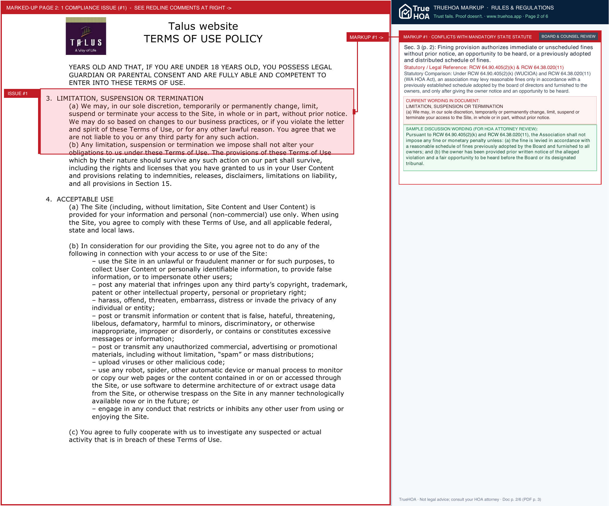 Talus Residential Association Terms of Use Policy page 2 widened with TrueHOA Crystal AI margin annotations
