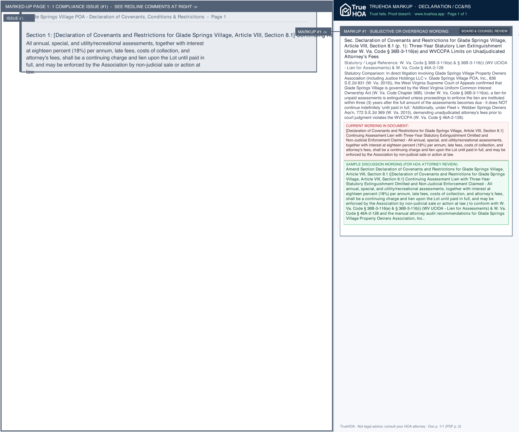 Glade Springs Village POA Declaration of Covenants, Conditions & Restrictions page 1 widened with TrueHOA Crystal AI margin annotations
