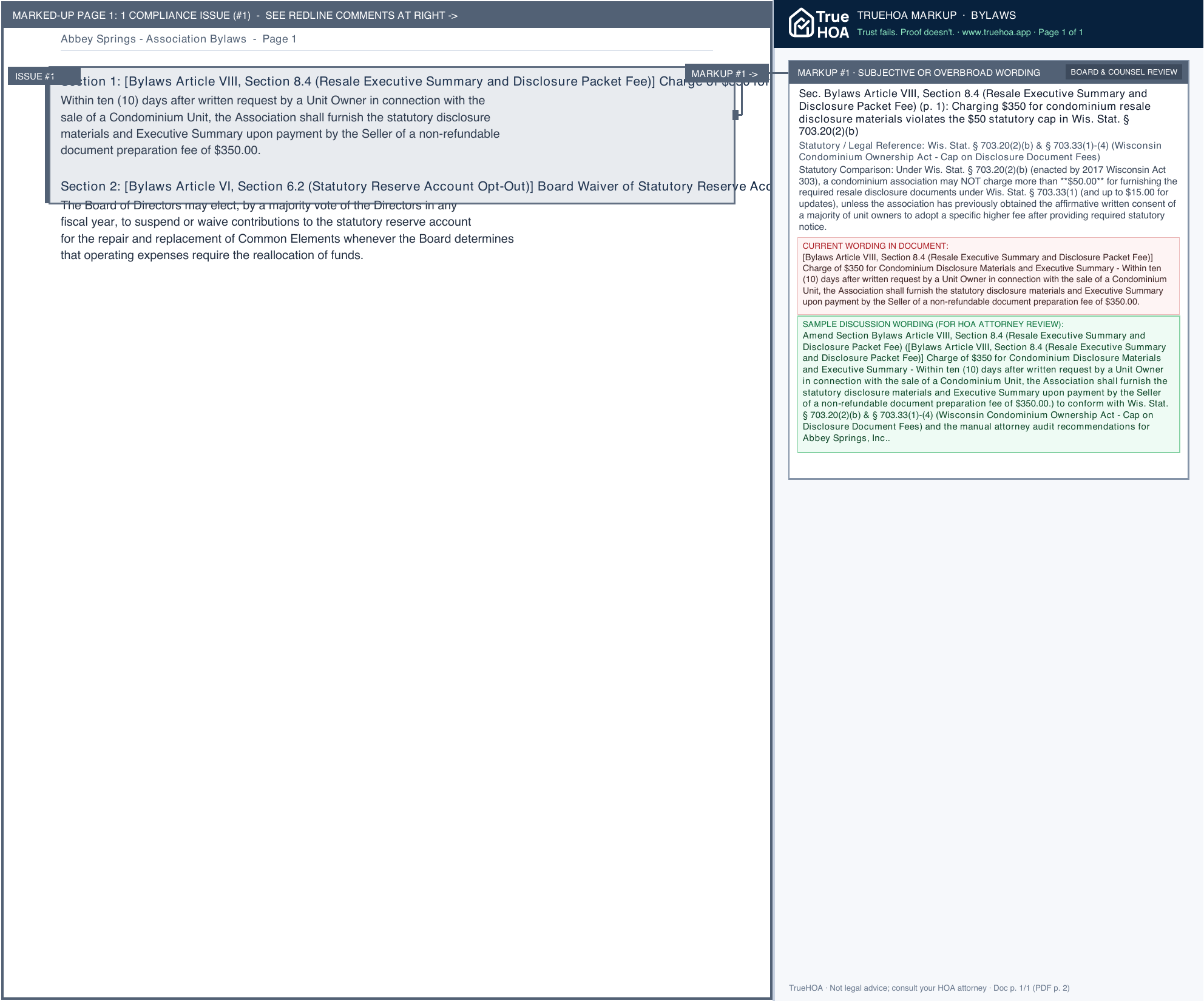 Abbey Springs Association Bylaws page 1 widened with TrueHOA Crystal AI margin annotations