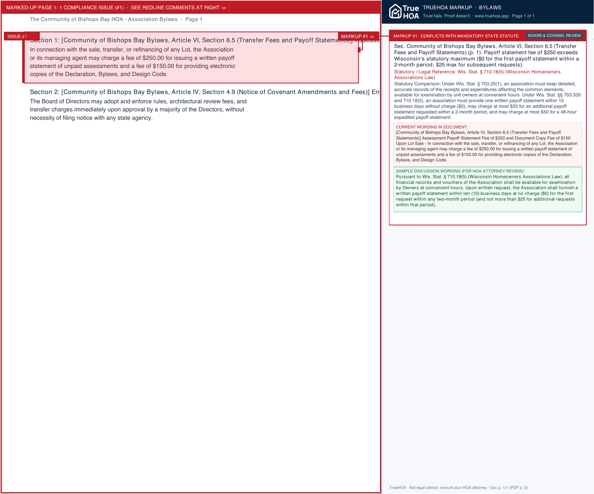 The Community of Bishops Bay HOA Association Bylaws page 1 widened with TrueHOA Crystal AI margin annotations