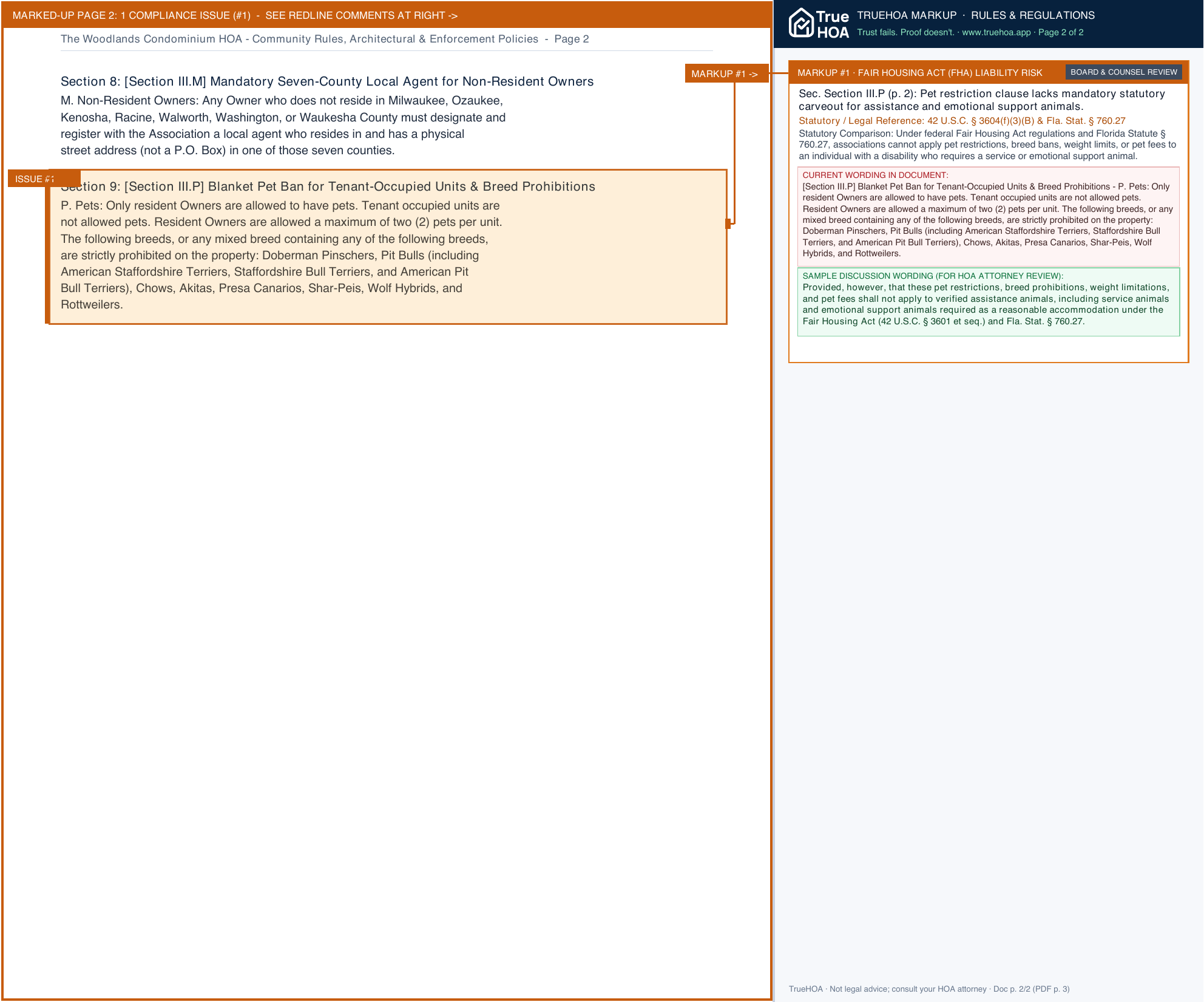 The Woodlands Condominium HOA Community Rules, Architectural & Enforcement Policies page 2 widened with TrueHOA Crystal AI margin annotations