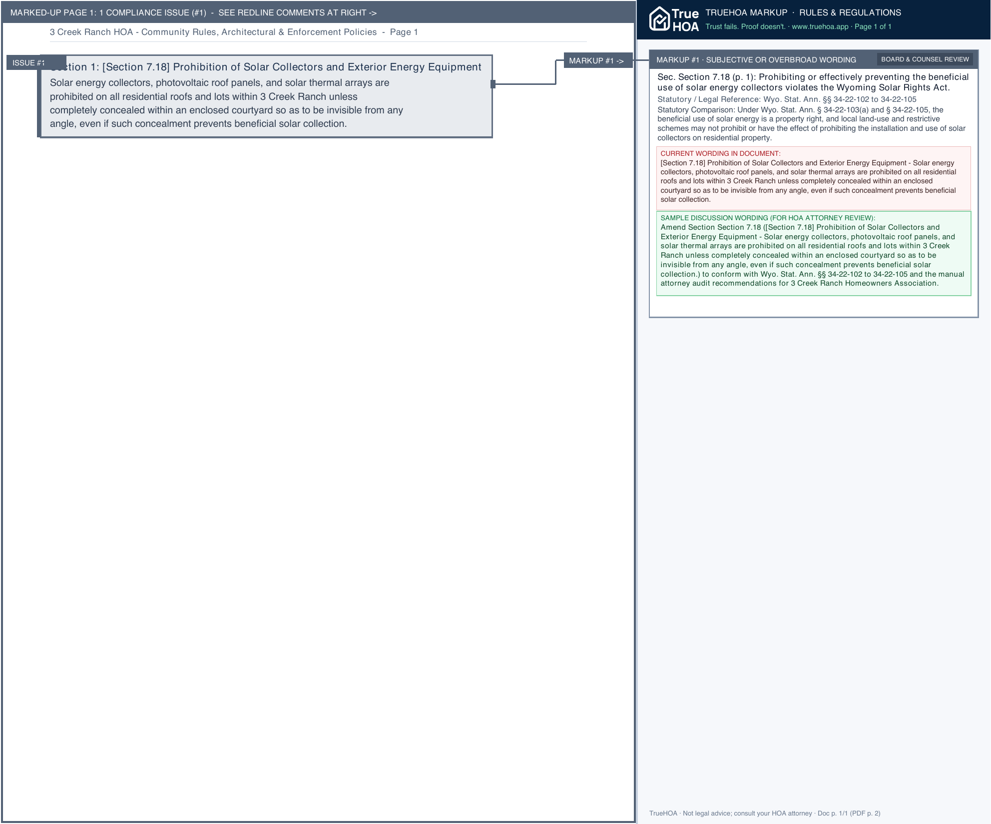 3 Creek Ranch HOA Community Rules, Architectural & Enforcement Policies page 1 widened with TrueHOA Crystal AI margin annotations