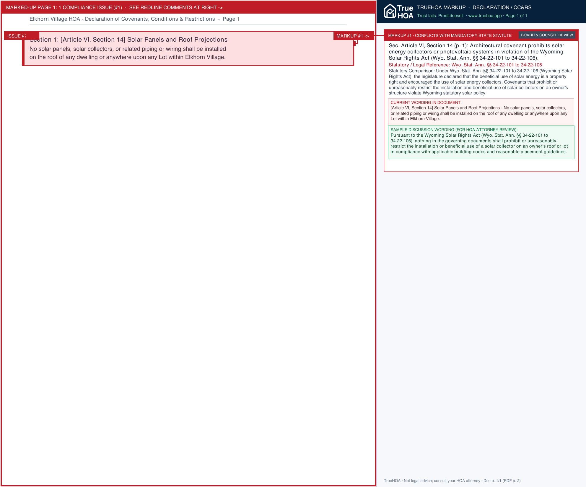 Elkhorn Village HOA Declaration of Covenants, Conditions & Restrictions page 1 widened with TrueHOA Crystal AI margin annotations
